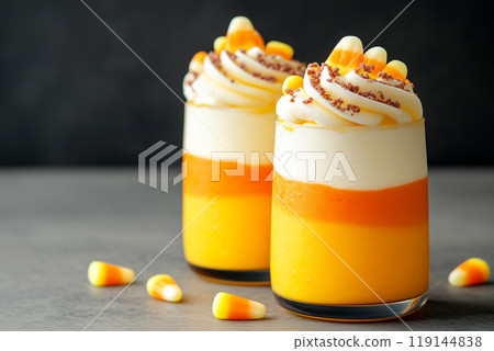 Candy corn parfait desserts topped with whipped cream on dark background. Concept of Halloween treats 119144838