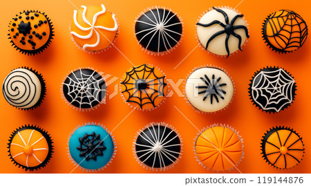 Chocolate cupcakes with different frosting and spider web decorations on orange . Halloween dessert concept 119144876
