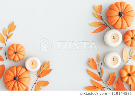 Autumn flat lay featuring pumpkins, candles, and leaves background. Concept of fall, harvest, and Halloween decoration Autumn flat lay featuring pumpkins, candles, and leaves background. Concept of fall, harvest, and Halloween decoration 119144885