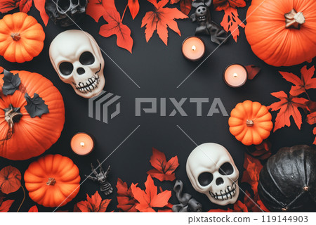 Autumn flat lay featuring pumpkins, candles, and leaves background. Concept of fall, harvest, and Halloween decoration Autumn flat lay featuring pumpkins, candles, and leaves background. Concept of fall, harvest, and Halloween decoration 119144903