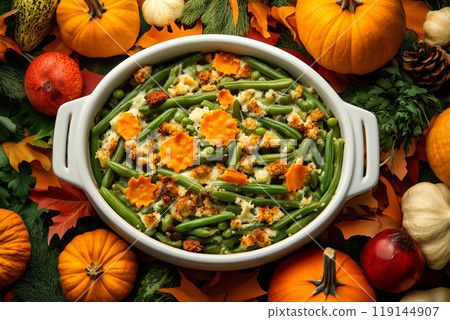 Green bean casserole topped with crispy onions in ceramic dish for Thanksgiving Day side dishes 119144907