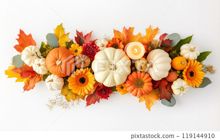 Autumn flat lay featuring pumpkins, candles, and leaves background. Concept of fall, harvest, and Halloween decoration Autumn flat lay featuring pumpkins, candles, and leaves background. Concept of fall, harvest, and Halloween decoration 119144910
