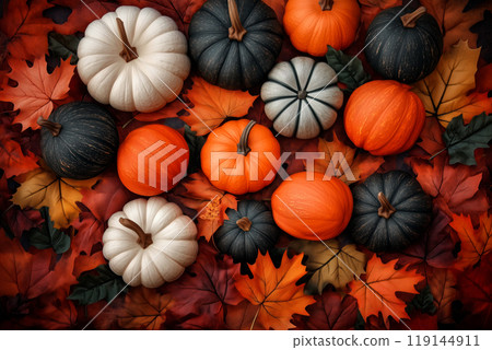 Autumn flat lay featuring pumpkins, candles, and leaves background. Concept of fall, harvest, and Halloween decoration 119144911