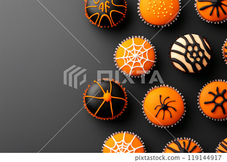 Chocolate cupcakes with black and orange frosting and spider web decorations on black . Halloween dessert concept 119144917