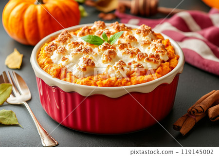Sweet potato casserole with a crunchy pecan topping in white ceramic dish. Concept of Thanksgiving Day side dishes 119145002