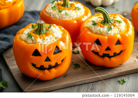 Stuffed orange bell peppers carved with jack-o'-lantern faces, filled with savory mixture. Halloween food concept 119145004