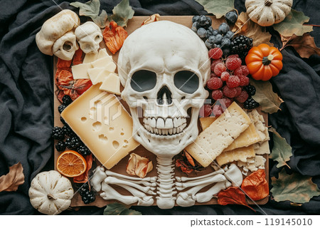 A Halloween-themed cheese board featuring a skull, cheeses, pumpkins, fruit, and leaves on black. Halloween holiday food A Halloween-themed cheese board featuring a skull, cheeses, pumpkins, fruit, and leaves on black. Halloween holiday food 119145010