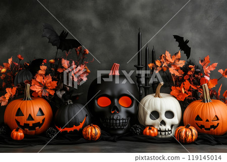 Halloween themed table setting with black pumpkins, witch hats and ornate cutlery. Concept of spooky dining decor 119145014