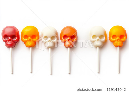 Colorful skull shaped lollipops on white background. Concept of Halloween treats and festive candy Colorful skull shaped lollipops on white background. Concept of Halloween treats and festive candy 119145042