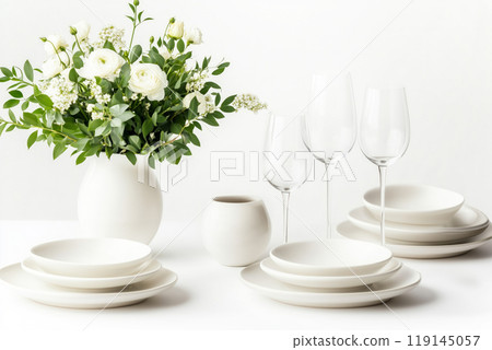Elegant vase with flowers, plates, cutlery and wine glasses on white background. Concept of home decor and table setting Elegant vase with flowers, plates, cutlery and wine glasses on white background. Concept of home decor and table setting 119145057