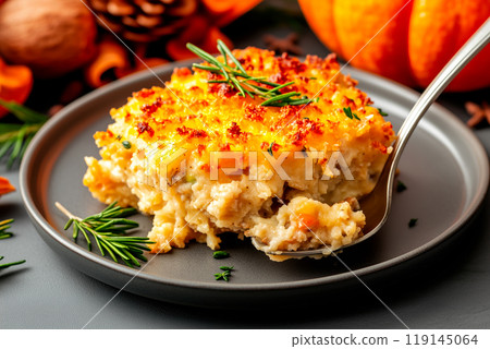 Spoonful sweet potato casserole being served onto a plate on holiday background. Thanksgiving Day side dishes Spoonful sweet potato casserole being served onto a plate on holiday background. Thanksgiving Day side dishes 119145064