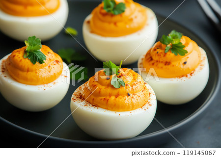 Closeup of deviled eggs garnished with herbs and paprika on white background. Concept of appetizers and holiday food 119145067