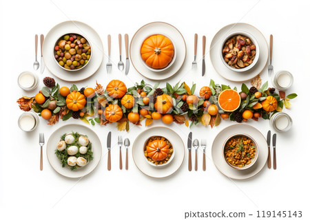 Empty white plate with fork and knife, surrounded by pumpkins, leaves on white background. Thanksgiving concept 119145143