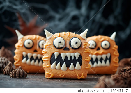 Cute monsters cookies with big eyes and sharp teeth on black background. Concept for parties or Halloween 119145147