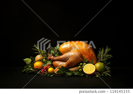 Whole roasted turkey or chicken garnished with herbs isolated on black background. Concept of food for Thanksgiving Day Whole roasted turkey or chicken garnished with herbs isolated on black background. Concept of food for Thanksgiving Day 119145155