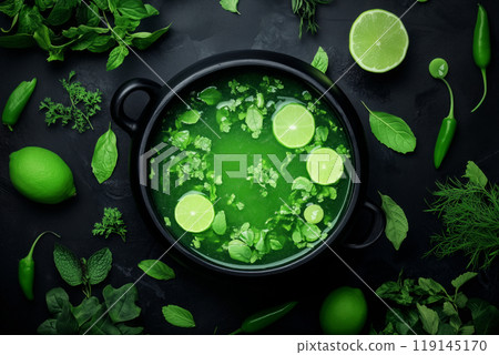 Cauldron filled with green potion, surrounded by pumpkins, leaves, and Halloween decorations on a dark background. Cauldron filled with green potion, surrounded by pumpkins, leaves, and Halloween decorations on a dark background. 119145170