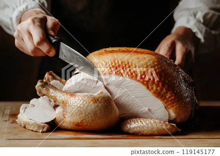 Carving roasted turkey or chicken isolated on wooden board. Concept of food for Thanksgiving Day. 119145177