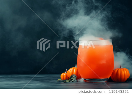 Cocktails with cherry tomatoes and black straws on dark textured background. Festive and spooky Halloween drink concept 119145231