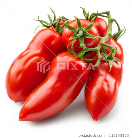 Red San Marzano tomato with a green stem isolated on a white background Red San Marzano tomato with a green stem isolated on a white background 119145333