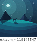 an abstract night landscape with a cow walking by the pyramids. Vector illustration a cow in a meadow at night under the stars and moon casts a long shadow 119145547
