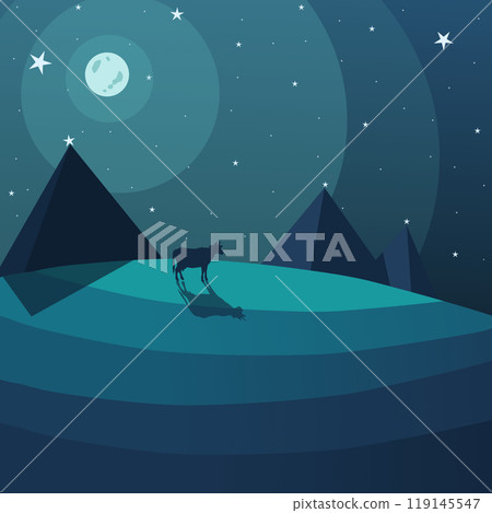 an abstract night landscape with a cow walking by the pyramids. Vector illustration a cow in a meadow at night under the stars and moon casts a long shadow 119145547