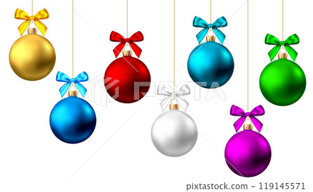 Realistic Christmas balls with bow on white background. Realistic Christmas balls with bow on white background. 119145571