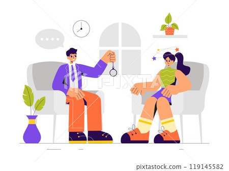 Hypnosis Vector Illustration featuring Black and White Spiral Patterns to Induce an Altered State of Mind for Treatment Services in a Flat Background 119145582