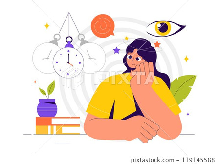 Hypnosis Vector Illustration featuring Black and White Spiral Patterns to Induce an Altered State of Mind for Treatment Services in a Flat Background 119145588