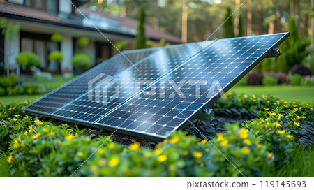 Modern solar panels installed in a beautiful residential garden. Conception of sustainable energy. Alternative energy. Environment conservation. 119145693