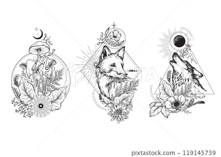 Collection of black and white mystical compositions with moths, animals, plants, elements of astrology and sacred geometry. Collection of black and white mystical compositions with moths, animals, plants, elements of astrology and sacred geometry. 119145739