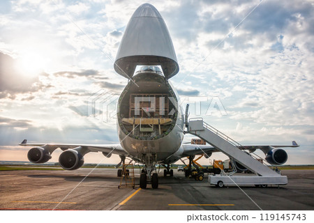 Unloading wide body cargo transport airplane 119145743