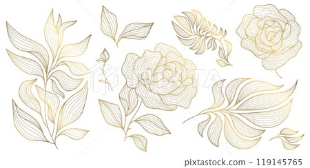 Vector set of art deco drawn leaves and flowers. Roses line illustrations, gold on white isolated. Floral graphic elements. 119145765