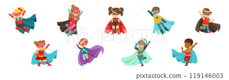 Little Kid Superhero in Cloak and Mask Vector Set Little Kid Superhero in Cloak and Mask Vector Set 119146003