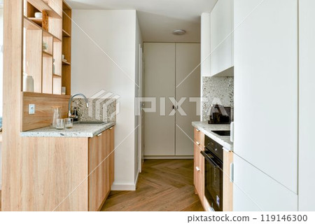 Discover contemporary kitchen design with wooden and white accents enhancing modern living Discover contemporary kitchen design with wooden and white accents enhancing modern living 119146300