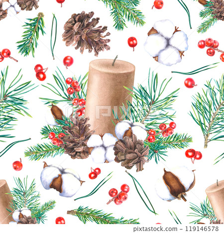 Seamless pattern for Christmas. Fir branches, pinecones, candle, holly twigs, red berries, cotton. Hand drawn illustration on white background. For printing on paper, postcards, scrapbooking, fabric. Seamless pattern for Christmas. Fir branches, pinecones, candle, holly twigs, red berries, cotton. Hand drawn illustration on white background. For printing on paper, postcards, scrapbooking, fabric. 119146578