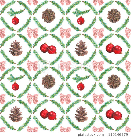 Seamless pattern of fir branches, pinecones, bow, red ball for Christmas. All objects are hand-painted with watercolor on white background. For printing on paper, postcards, packaging, fabric, decor. Seamless pattern of fir branches, pinecones, bow, red ball for Christmas. All objects are hand-painted with watercolor on white background. For printing on paper, postcards, packaging, fabric, decor. 119146579