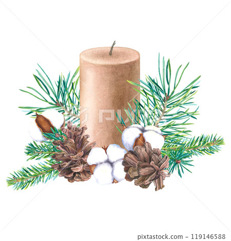 Christmas tree branches, candle, pinecones, bolls of cotton flowers. Hand drawn watercolor illustration of winter evergreen plants on isolated background. For New Year greeting cards, Xmas invitations Christmas tree branches, candle, pinecones, bolls of cotton flowers. Hand drawn watercolor illustration of winter evergreen plants on isolated background. For New Year greeting cards, Xmas invitations 119146588