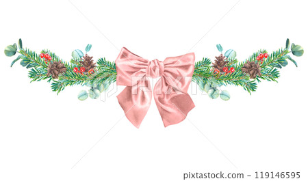 Christmas tree branches, red berries of ilex, eucalyptus twigs, pinecones and bow in the middle. Hand drawn watercolor illustration on isolated background. For New Year greeting cards, Xmas invitation 119146595