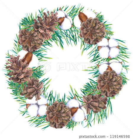 Watercolor Wreath with cones, coniferous twigs, bolls of cotton flower. Hand drawn illustration of botanical Christmas round Frame on isolated background. For greeting cards or New Year invitations. 119146598