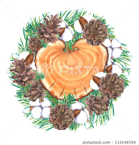 Christmas decoration with tree trunk slice, cones, coniferous twigs, bolls of cotton flower. Hand drawn watercolor wreath of winter plants on isolated background. Circle frame for holiday invitations. Christmas decoration with tree trunk slice, cones, coniferous twigs, bolls of cotton flower. Hand drawn watercolor wreath of winter plants on isolated background. Circle frame for holiday invitations. 119146599