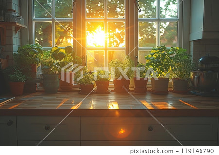 Window sill with potted plants and a sun shining 119146790