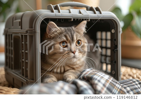 Cat is laying in a pet carrier with a blanket 119146812