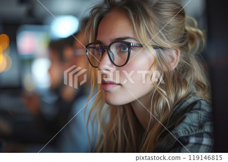 Young woman with glasses looks away 119146815