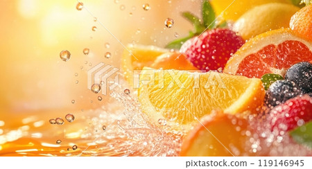 Banner with Fresh oranges, strawberries, and blueberries splashing in water with droplets 119146945