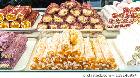 Turkish Delight with Nuts, Dried Fruits, and Syrup Turkish Delight with Nuts, Dried Fruits, and Syrup 119146954