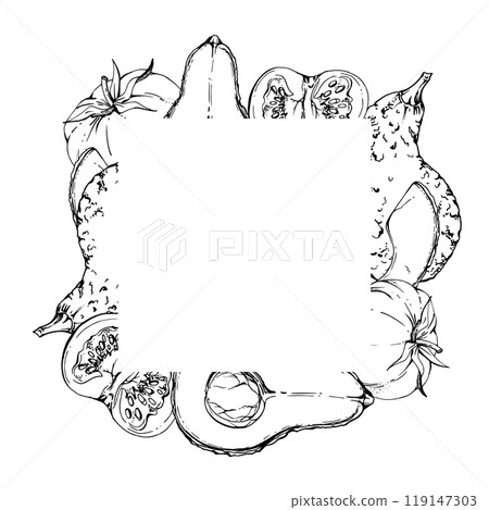 Green avocado, tomato vegetable diet healthy lifestyle, vegan cooking. Hand drawn vector ink. Illustration square border frame isolated on white background. Design recipe book, website, card, menu Green avocado, tomato vegetable diet healthy lifestyle, vegan cooking. Hand drawn vector ink. Illustration square border frame isolated on white background. Design recipe book, website, card, menu 119147303