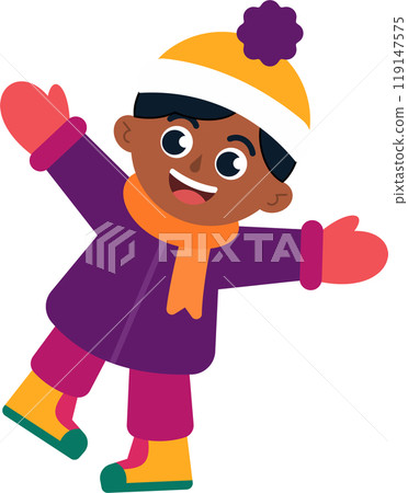 A young boy wearing a purple coat and a yellow hat is smiling A young boy wearing a purple coat and a yellow hat is smiling 119147575