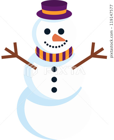 A cartoon snowman with a purple hat and orange scarf A cartoon snowman with a purple hat and orange scarf 119147577