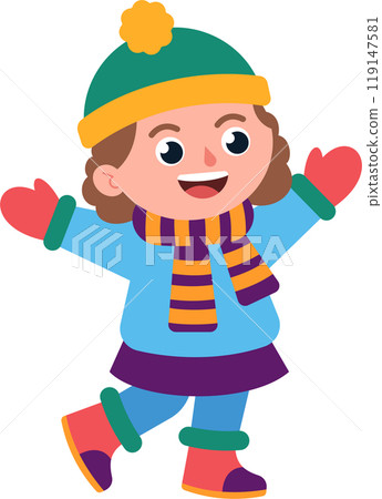 A girl in a blue jacket and a green hat is smiling and waving 119147581