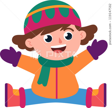 A cartoon boy is wearing a green and purple hat and a scarf 119147582
